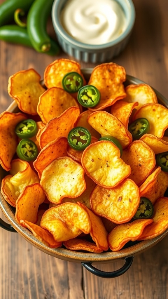 A bowl of golden crispy jalapeño potato chips garnished with jalapeño slices on a wooden table with a dip.